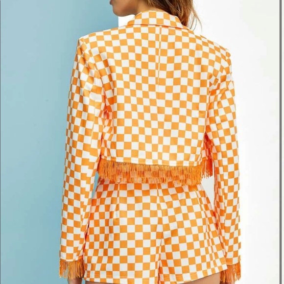 Checkered Print Fringe Trim Lapel Neck Blazer - Picture 3 of 4